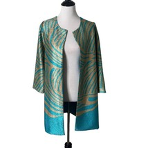 Chico&#39;s Open Front Long Cardigan Top Crinkle Textured Jacket Green Size ... - $38.61