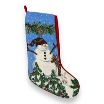 LL Bean Needlepoint Christmas Stocking Snowman w/ Cap Deer Trees Pinecones - $33.17
