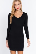 Women&#39;s Black Long Sleeve V Neck Mini Rib Dress (S) - £16.22 GBP