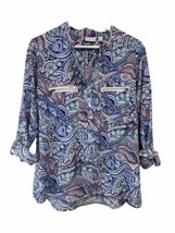 Kim Rogers Multi Color Blouse Tunic Top Long Roll Tab Sleeves M - £14.97 GBP