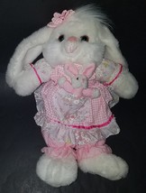 VTG Wondertreats Bunny Rabbit Mom + Baby Plush White Pink Floral Dress Easter - £27.65 GBP