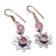 Rose Quartz Round Gemstone 925Silver Overlay Handmade Drop Dangle Flower... - $9.95