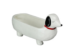 Adorable Happy Dachshund Dog White Ceramic Planter 10.75 Inches Long - £23.25 GBP