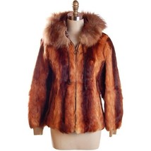 VTG Rabbit Fur Parka w/ Fox Trim Hood Hollywood Shop Mocha Satin Lined Sz S - $193.99