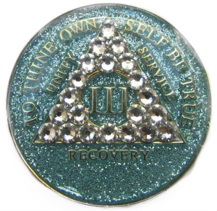 1 Year Aqua Glitter with Diamond Swarovski Crystals Tri-Plate Alcoholics Anonymo