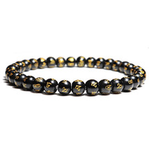 Minimalist 6/8/10/12mm Natural Stone Obsidian Bracelet Men Female Sanskrit Buddh - £14.88 GBP