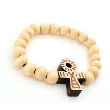 Egyptian Ankh Cross Bracelet Round Wooden Bead Beaded Bangle Jewelry Men Unisex - £13.40 GBP