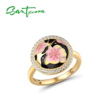 Silver Rings For Women Pure 925 Sterling Silver Black Pink Cherry blossoms Flowe - £25.38 GBP