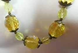 Vintage Heavy Bronze-tone Art Deco Yellow Czech Glass Necklace &amp; Earrings Set - £66.55 GBP