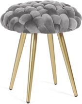 Homebeez Hand-Woven Round Velvet Ottoman Foot Rest Stool Vanity, Light Gray - £41.40 GBP