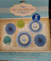 6 Paper Fan Decorations  &quot;WELCOME BABY BOY!&quot; BABY SHOWER - BLUE TRAINS - £6.24 GBP