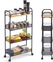 Black 4-Tier Slim Rolling Cart From Kingrack, Slide Out Storage Cart With Wooden - £34.36 GBP