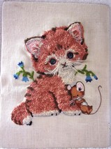 Vintage Crewel Embrodriey Brown Tabby Kitten with Mouse - $18.99