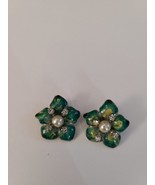 Clip On Green Flower and Rhinestone Earrings ^ - $12.36 CAD