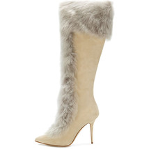 Khaki Pointy Toe Suede Stiletto Mid Calf Boots Rabbit Women Winter Snow Boots Bi - £189.42 GBP