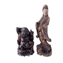 Antique Chinese Carved Wood Buddha and Guanyin Bodhisattva - £355.66 GBP