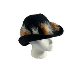 Vintage Geo W Bollman Black Doeskin Felt Wool Fedora Hat Feathers Size 7... - $34.65