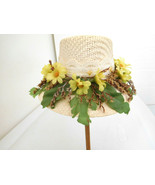 Straw Hat Decorated w/ Daisies, Leaves and Lace for Medium Size Doll - £15.04 GBP