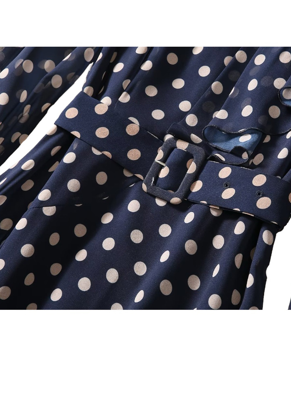 Celeb Style Naomi Watts Inspired Navy/White Polka Dot High-Neck Ruffled Dress Item image 6