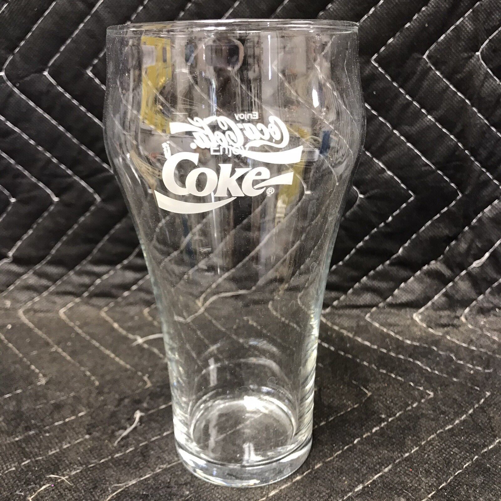 Primary image for Vintage 1970’s Clear Enjoy COCA-COLA GLASS   6" tall 3" wide White Logo