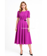 Lilac Midi Dress Kate Middleton Style A-Line Crepe Twist Bodice Ruffle S... - $2,384.55 MXN