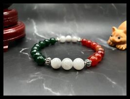 Italian Flag Color Gemstone Bracelet, Emerald Jade, Moonstone, Carnelian... - $26.12