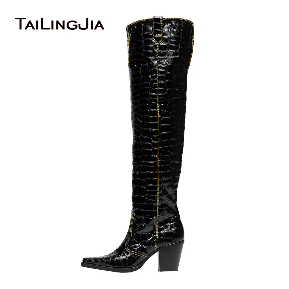 Square Toe Texas Over the Knee Boots Black Patent  Print boy Thigh High Boots Wi - £224.23 GBP