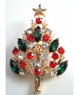 CHRISTMAS TREE BROOCH PIN RED GREEN CRYSTAL RHINESTONEs GOLD TONE SETTING - $27.41 CAD