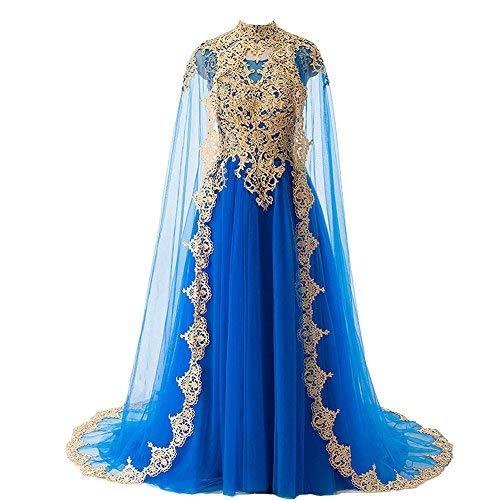 Plus Size Gold Lace Vintage Long Prom Evening Dresses Wedding Gowns with Cape Ro