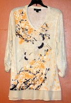 STYLE &amp; Co GRAY BIRD STORK FLORAL RUCHED SLEEVE LIGHT KNIT SWEATER TUNIC... - £7.76 GBP