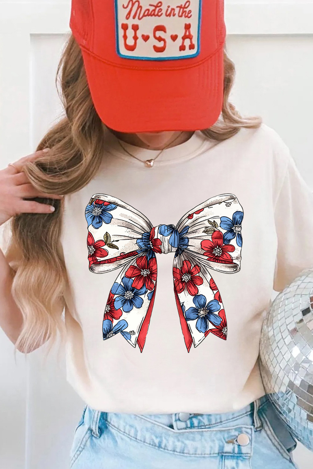 White July 4th Flower Bowknot Print Crew Neck T Shirt - $16.37