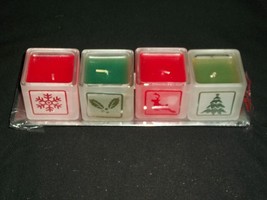 Home for the Holidays Christmas Votive Candles &amp; Tray Set of 4 Red Green Frosted - £19.65 GBP