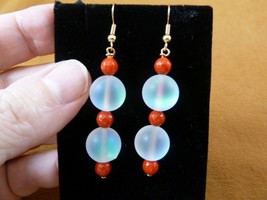 (EE390-23) Moonstone + Red Mother of Pearl gemstone dangle gold hook earrings - £15.68 GBP