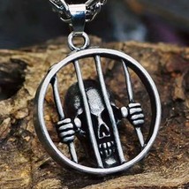 Men&#39;s Gothic Silver Skull Skeleton Prisoner Pendant Necklace Punk Jewelry 24&quot; - £7.03 GBP