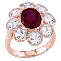 Vintage 8.70CT Ovale Simulé Rubis Fleur Fiançailles Bague 14K Plaqué or Rose - £71.48 GBP