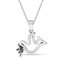 Peaceful Dove and Olive Leaf Sterling Silver Animal Bird Charm Pendant Necklace - £14.32 GBP