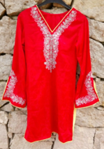 Indian Kurta Top for Women Short Red Kurti Embroidered Readymade Pakistani Small - £8.27 GBP