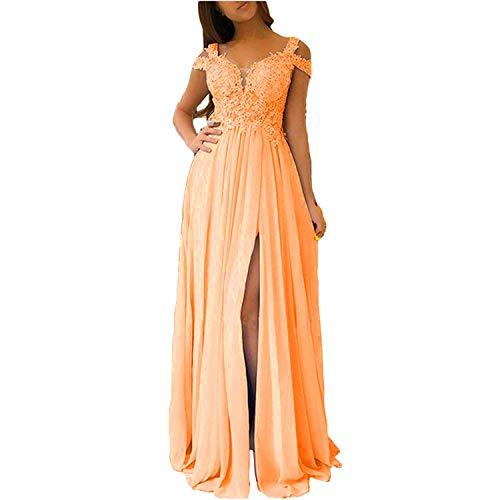 Illusion Top Front Slit Off The Shoulder Sexy Long Formal Prom Dress Peach US 8