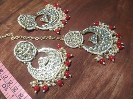 Indian Joharibazar GoldPlated Kundan Earring Jhumka Tikka Tika Jewelry Set Red - £18.46 GBP