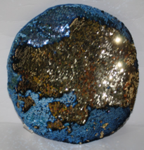 Royal Deluxe 12" Round Plush Teen Kids Pillow Blue Gold Reversible Sequi... - $10.40