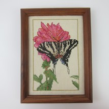 Vintage Cross Stitch Zebra Swallowtail Butterfly Pink Carnation Flower in Frame - £14.94 GBP