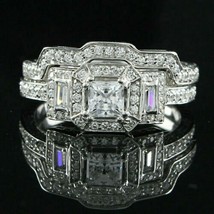Vintage 2ct Princess &amp; Baguette Cut Simulated 14K White Gold Plated Bridal Ring - $140.24