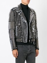 Men Silver Studded Leather Jacket Handmade Black White Contrast Long Spikes - £286.72 GBP
