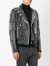 Men Silver Studded Leather Jacket Handmade Black White Contrast Long Spikes - £290.21 GBP