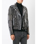 Men Silver Studded Leather Jacket Handmade Black White Contrast Long Spikes - £289.33 GBP