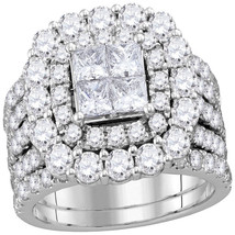 14k White Gold Princess Diamond Cluster Halo Bridal Wedding Ring Set 4-1/2 Cttw - £4,155.85 GBP