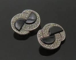 925 Silver  - Vintage Black Onyx &amp; Marcasite Non Pierce Drop Earrings - EG10987 - £93.26 GBP