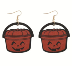 Halloween Pumpkin trick or treat bucket Dangle Earrings Wooden - £3.70 GBP