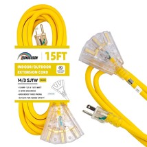 15Ft Lighted Outdoor Extension Cord With 3 Power Outlets,14/3 Sjtw Heavy... - £25.80 GBP