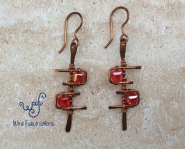 Handmade copper earrings: geometric single rail ladder with red cube crystals - £27.42 GBP